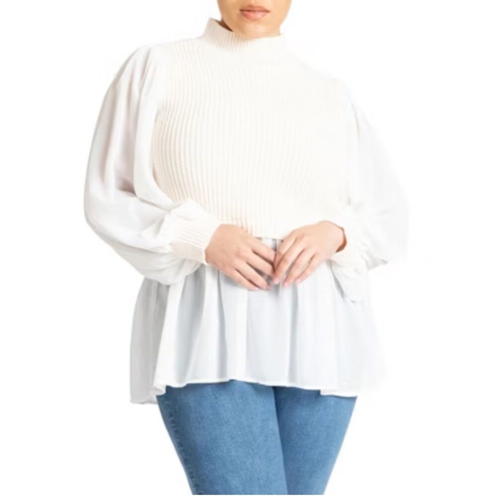 Eloquii Ivory Mock Neck Ribbed Twofer Sweater Tunic with Chiffon Peplum